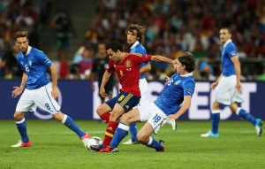 Xavi protecting the ball from the Italians in UEFA EURO 2012 Final